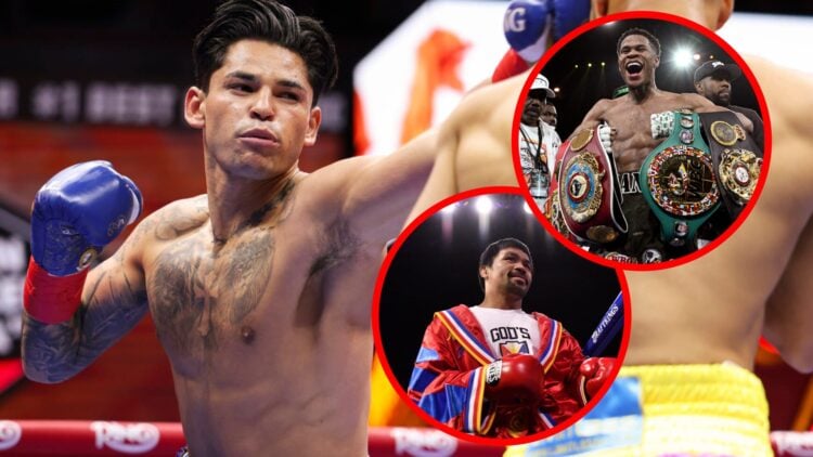 Ryan Garcia punches Rolly Romero with inset of Manny Pacquiao and Devin Haney