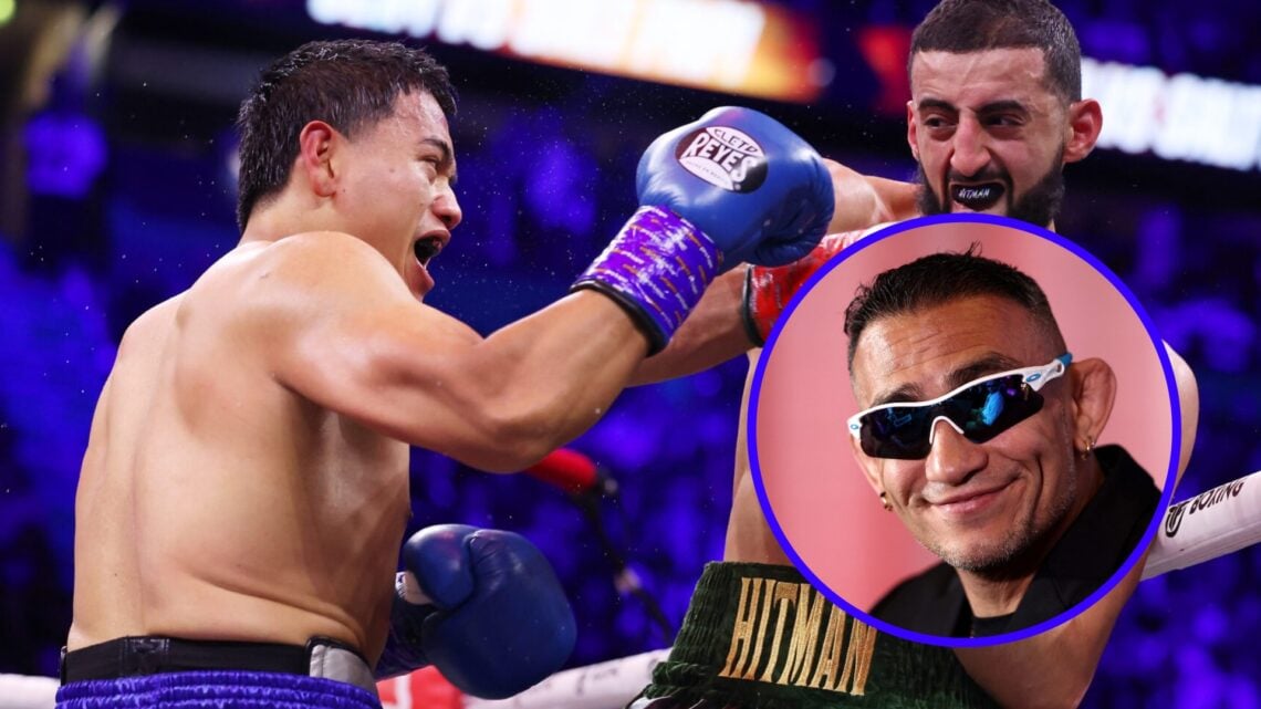 Salt Papi throws a punch at Slim Albaher with inset of Tony Ferguson at a press conference