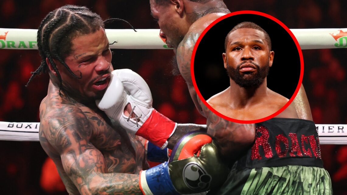 Gervonta Davis takes a right uppercut from Lamont Roach with inset of Floyd Mayweather