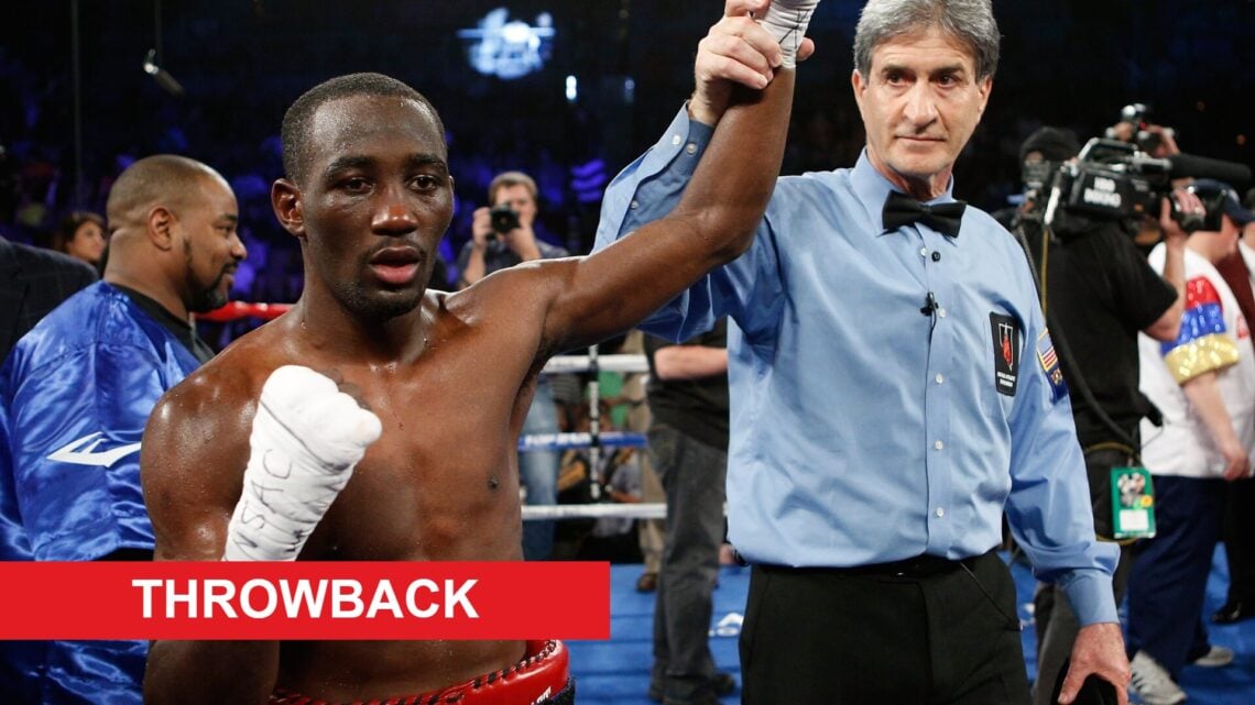 Terence Crawford celebrates in the ring after his decision win over Breidis Prescott in March, 2013