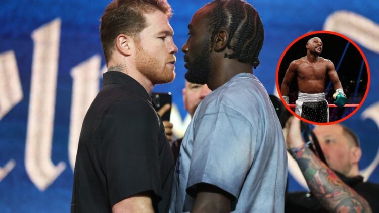 Center: Canelo Alvarez faces off with Terence Crawford at a pre-fight press conference in New York City. Right: Floyd Mayweather in the ring during...