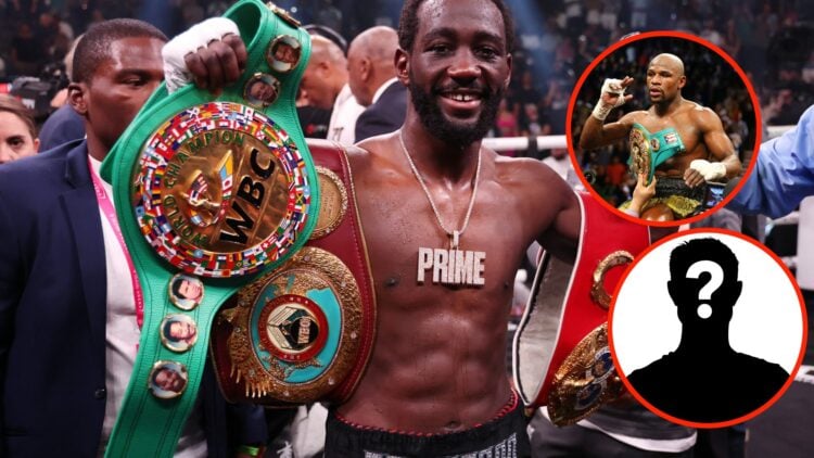 Center: Terence Crawford celebrates in the ring after his undisputed welterweight title fight win over Errol Spence Jr. in July, 2023. Insert: Floy...