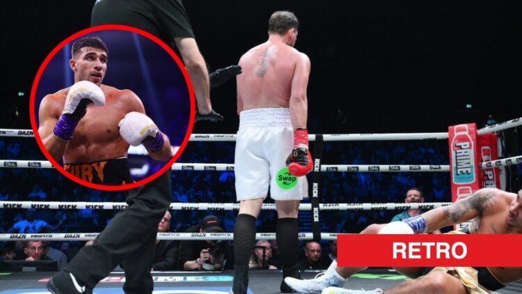 Darren Till walks away after KOing Anthony Taylor with inset of Tommy Fury in the ring