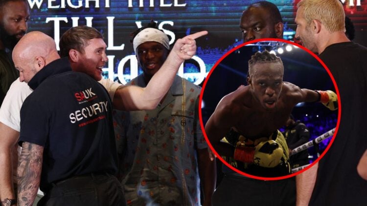 KSI stands between an arguing Darren Till and Luke Rockhold with inset of KSI bowing