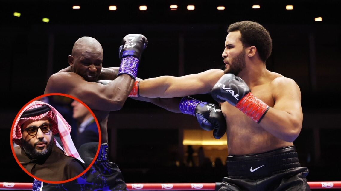 Image of Moses Itauma landing a punch on Dillian Whyte with inset of Turki Alalshikh