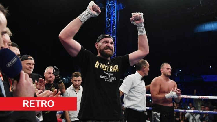 Tyson Fury celebrates his win over Francesco Pianeta in their heavyweight fight in August, 2018