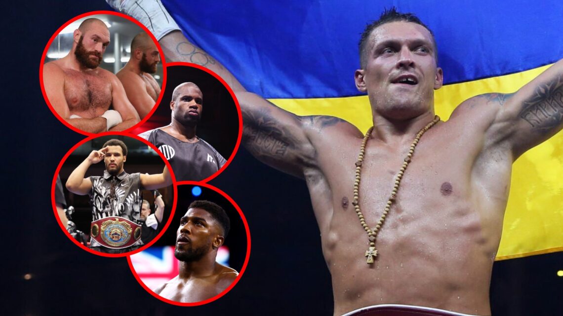 Oleksandr Usyk raises the Ukrainian flag with insets of Tyson Fury, Daniel Dubois, Moses Itauma, and Anthony Joshua