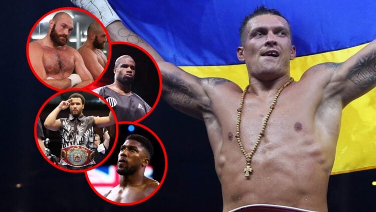 Oleksandr Usyk raises the Ukrainian flag with insets of Tyson Fury, Daniel Dubois, Moses Itauma, and Anthony Joshua