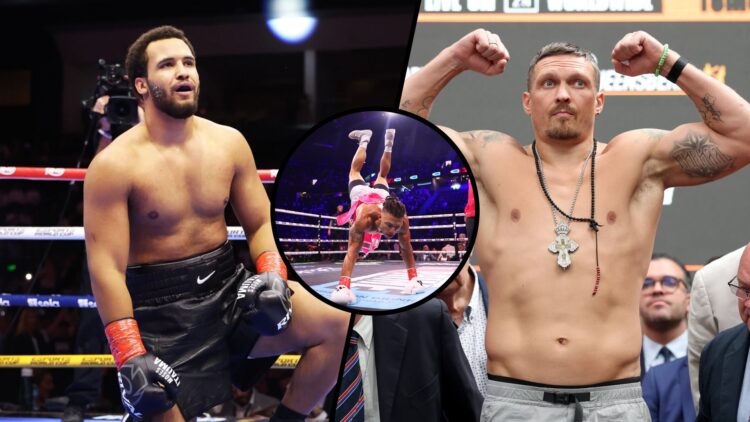 Moses Itauma on his knee celebrating win over Dillian Whyte split with Usyk weighing in with inset of Chase Demoor doing a handstand