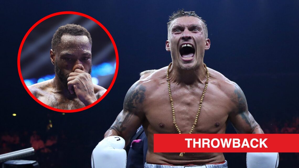 Oleksandr Usyk shouting after his win over Huck with inset of Deontay Wilder looking upset after KO loss to Zhang