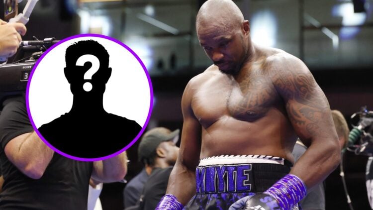 Dillian Whyte looks down after KO loss to Moses Itauma with inset of mystery silhouette