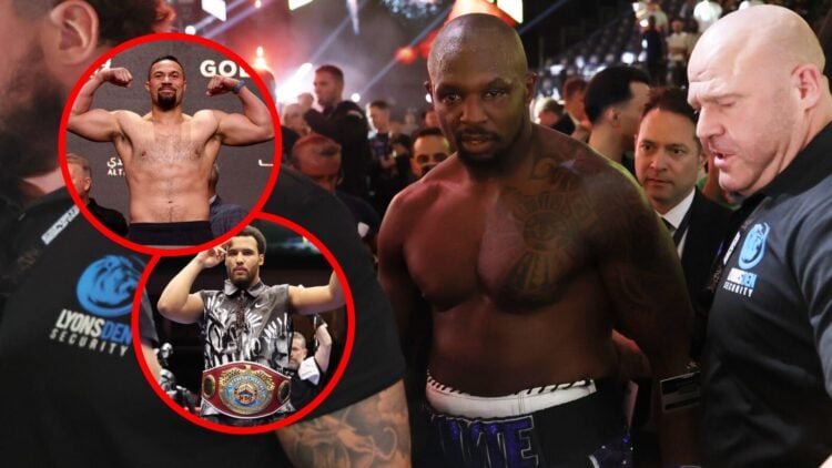 Whyte leaves the ring after KO loss with inset of Moses Itauma celebrating his win and Joseph Parker at a weigh in