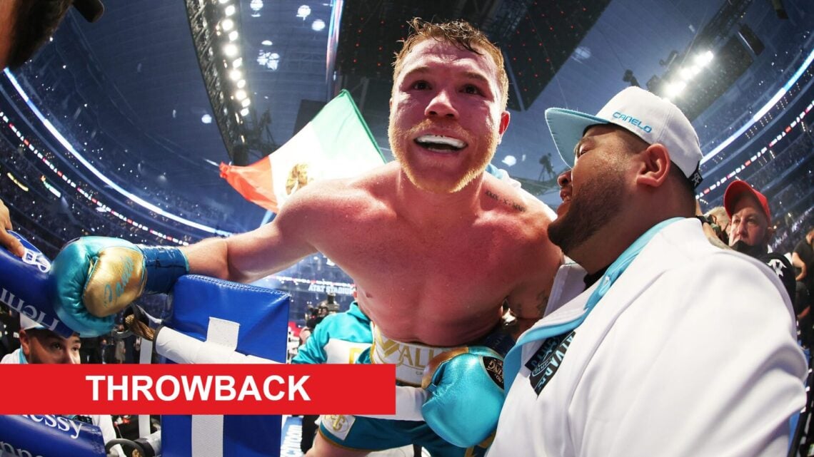 Canelo Alvarez celebrates beating Billy Joe Saunders, with throwback label