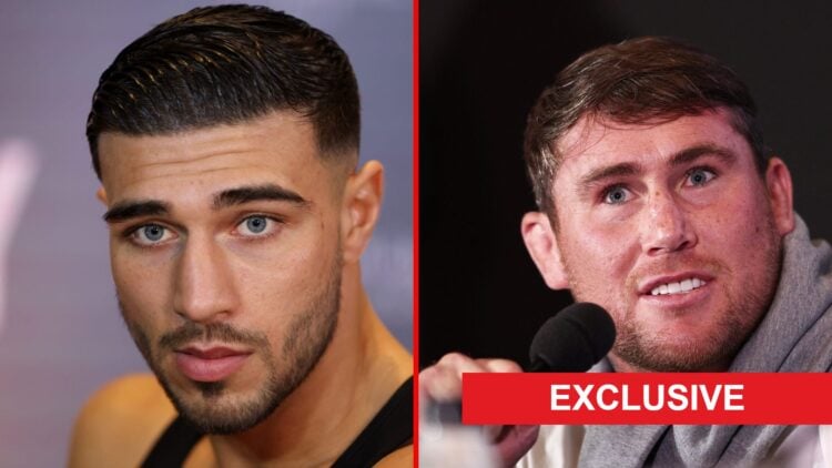 Split image of Tommy Fury and Darren Till at press conferences with exclusive label