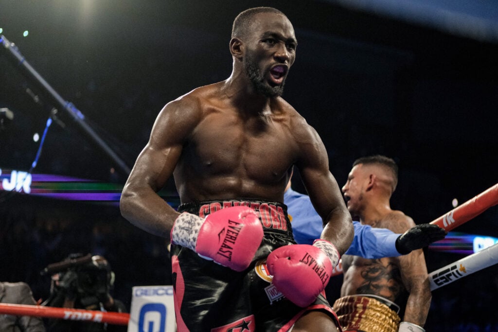 Terence Crawford celebrates in the ring after his WBO welterweight title fight win over Jose Benavidez Jr. in October, 2018.