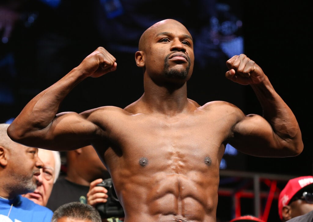 Floyd Mayweather Jr. weighing-in for Marcos Maidana fight