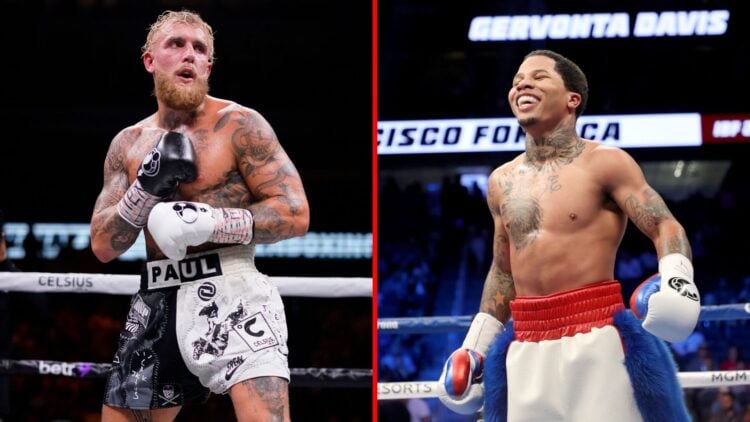 Split image of Jake Paul and Gervonta Davis in the ring