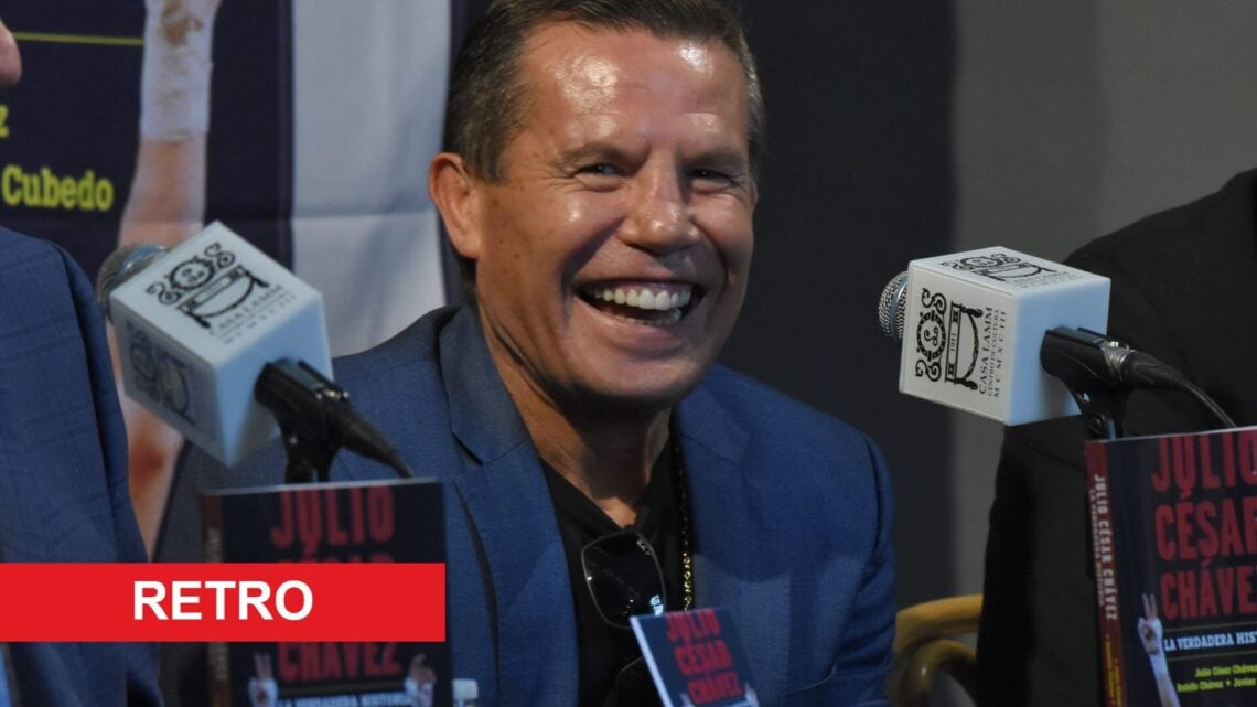 Julio Cesar Chavez promoting book with retro label