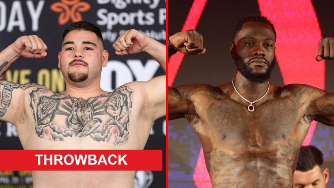 Split image of Andy Ruiz Jr. and Deontay Wilder weighing-in with throwback label