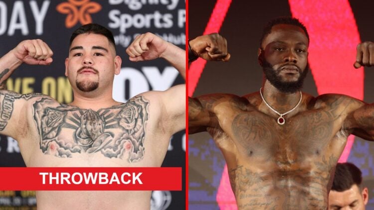 Split image of Andy Ruiz Jr. and Deontay Wilder weighing-in with throwback label
