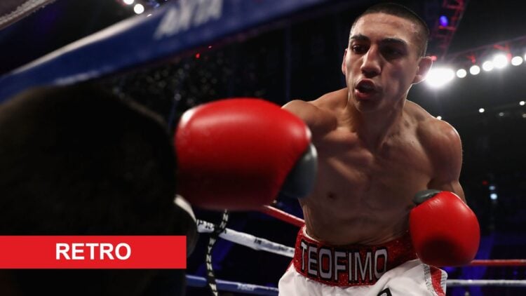 Teofimo Lopez Jr. punching Ishwar Siqueiros with retro label