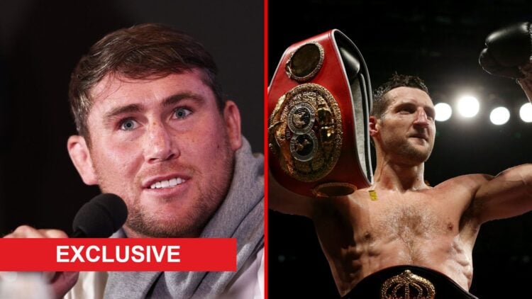 Split image of Darren Till at a press conference and Carl Froch celebrating with exclusive label