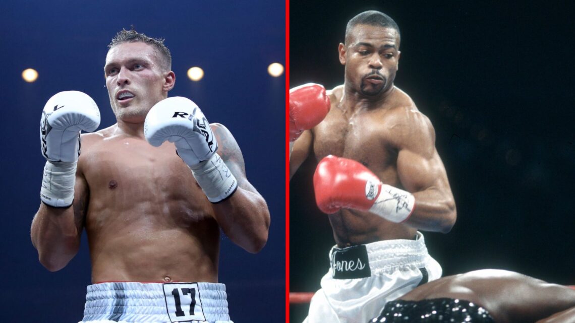 Split image of Oleksandr Usyk and Roy Jones Jr. during fights