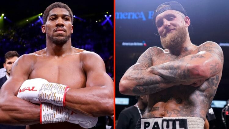 Left: Anthony Joshua in the ring after his win over Andy Ruiz in Saudi Arabia in 2019. Right: Jake Paul in the ring after his decision win over Nat...
