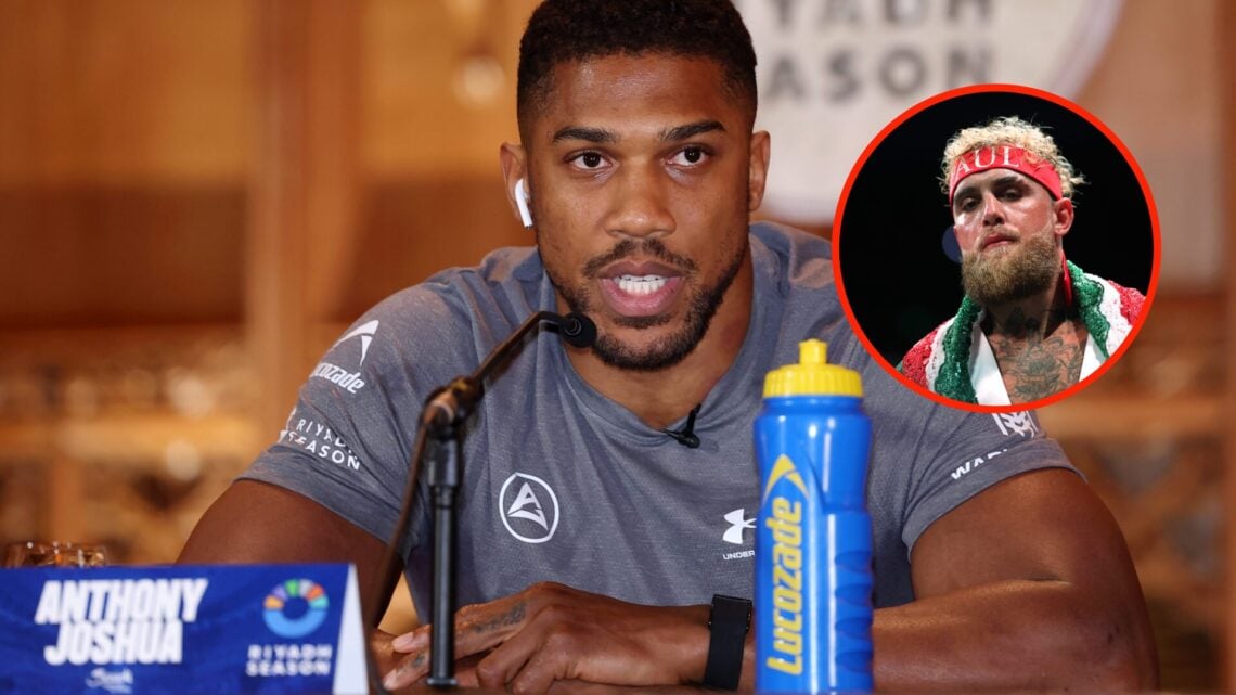 Center: Anthony Joshua attends a pre-fight press conference ahead of his heavyweight fight with Daniel Dubois in September, 2024. Insert: Jake Paul...