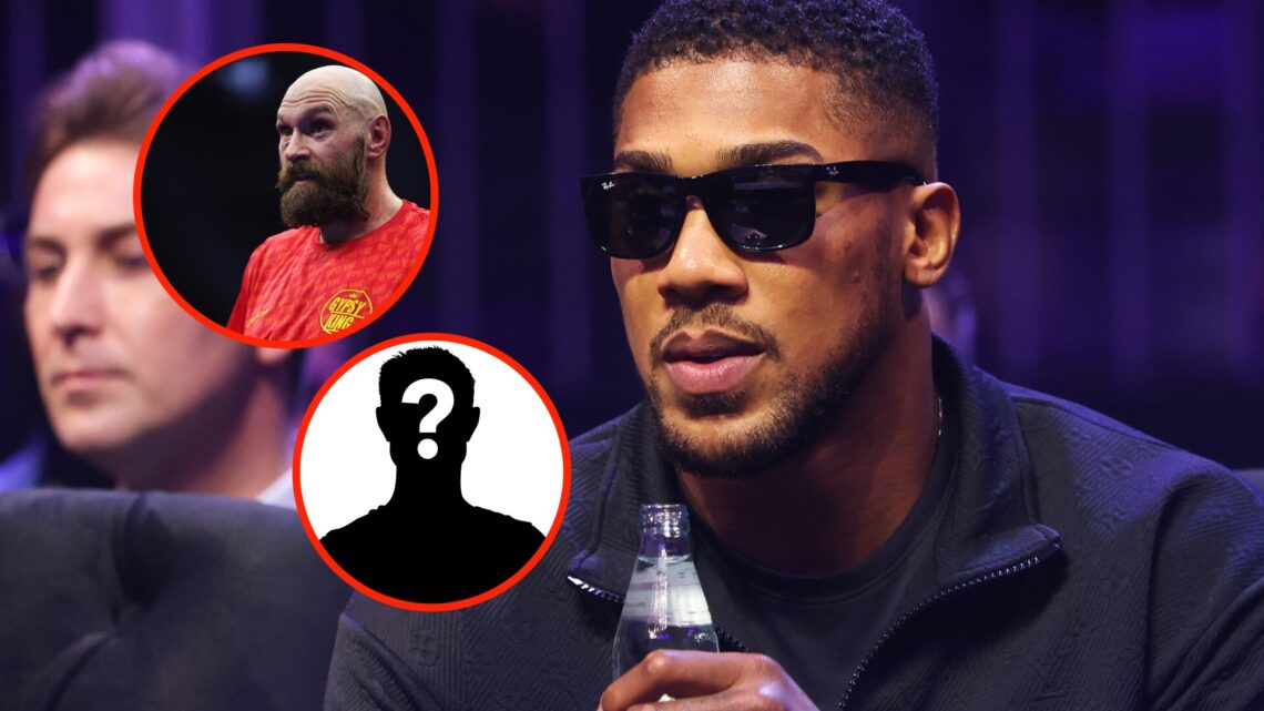 Center: Anthony Joshua sits ringside during the Artur Beterbiev vs. Dmitry Bivol 2 card in Riyadh, Saudi Arabia. Insert: Tyson Fury in the ring aft...