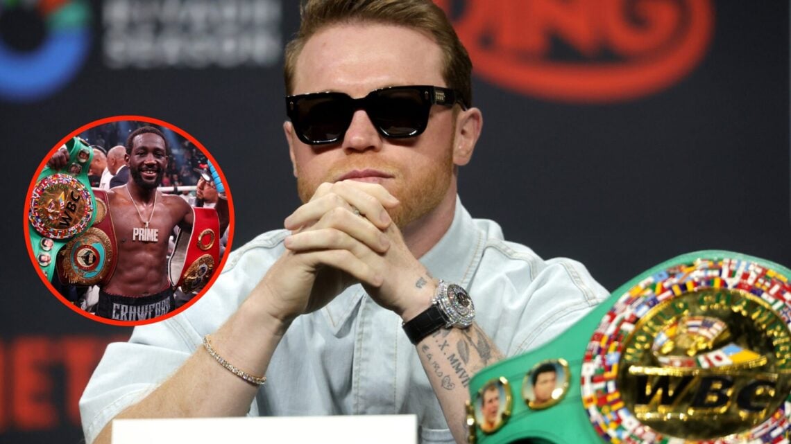 Canelo Álvarez wearing sunglasses sits behind his title belt with an insert of Terence Crawford celebrates in the ring after his undisputed welterw...