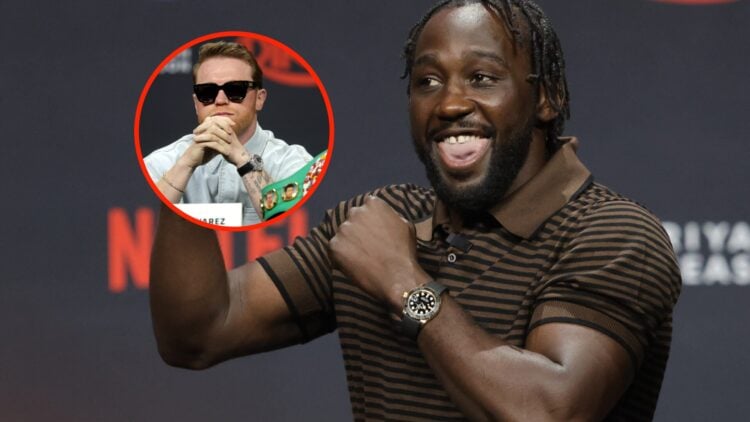 Insert: Canelo Alvarez attends a pre-fight press conference ahead of his undisputed super middleweight title fight with Terence Crawford. Center: T...