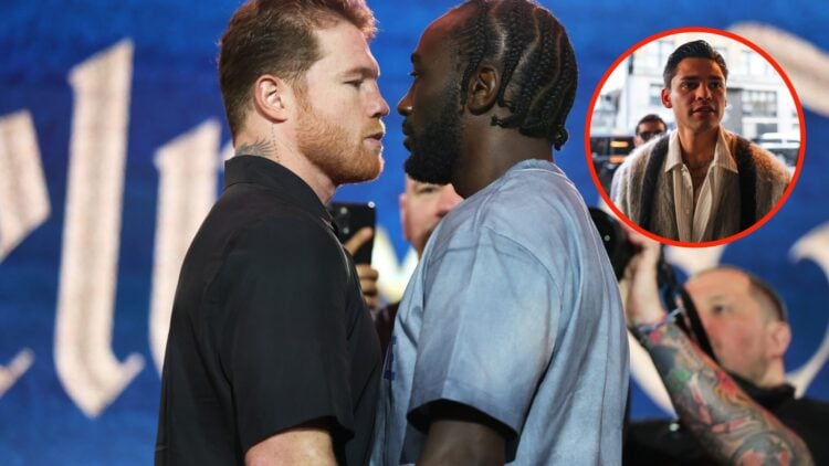 Center: Canelo Alvarez faces off with Terence Crawford ahead of their undisputed super middleweight title fight. Insert: Ryan Garcia during fight w...