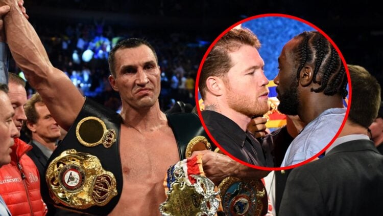 Wladimir Klitschko celebrates his win over Bryant Jennings with inset of Canelo and Crawford facing off