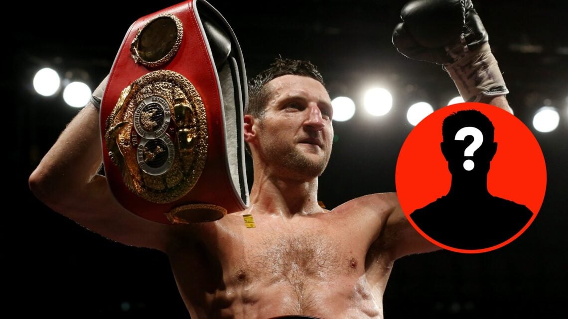 Center: Carl Froch in the ring after his WBA and IBO super middleweight title fight win over George Groves. Insert: Mystery Fighter