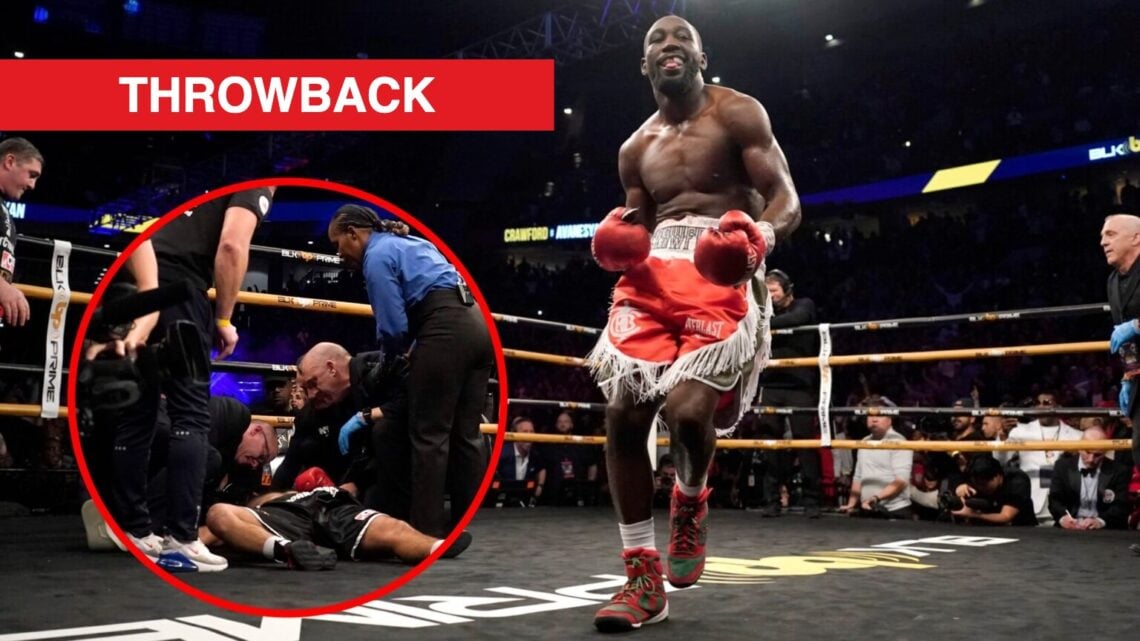 Terence Crawford celebrates KO win over David Avanesyan with inset of Avanesyan on the canvas