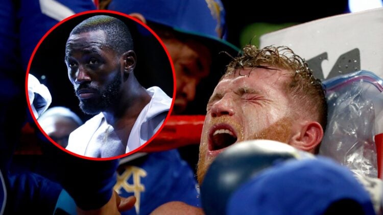 Canelo winces in his corner with inset of Terence Crawford in the ring in a white robe