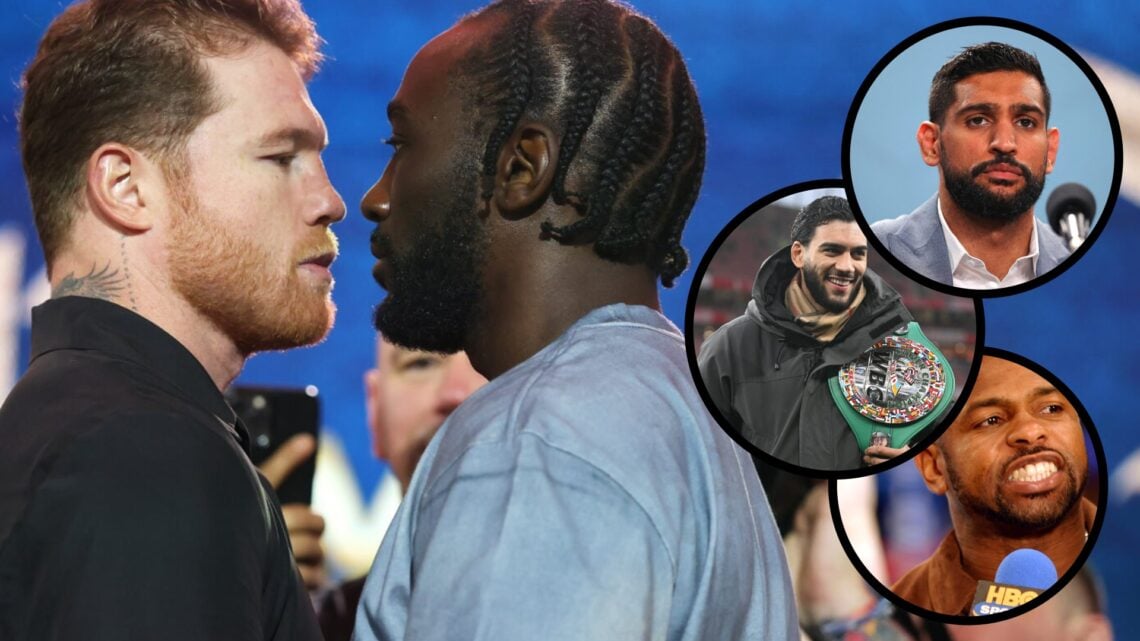 Terence Crawford and Canelo face-off split with images of Hamzah Sheeraz holding a belt, Amir Khan at a press conference, and Roy Jones Jr grimacin...