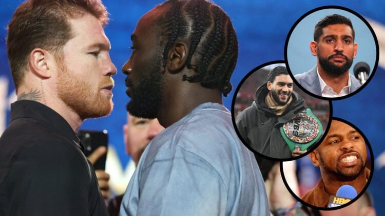 Terence Crawford and Canelo face-off split with images of Hamzah Sheeraz holding a belt, Amir Khan at a press conference, and Roy Jones Jr grimacin...
