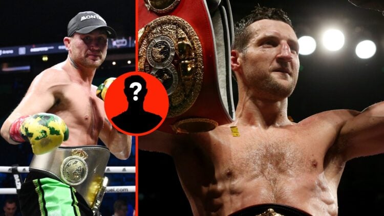 Left: Darren Till celebrates in the ring after his knockout win over Luke Rockhold. Insert: Mystery Figure. Right: Carl Froch celebrates in the rin...