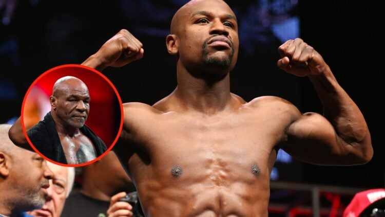 Floyd Mayweather Jr. weighing-in for Marcos Maidana fight with an overlay of Mike Tyson at an open workout session before fighting Jake Paul