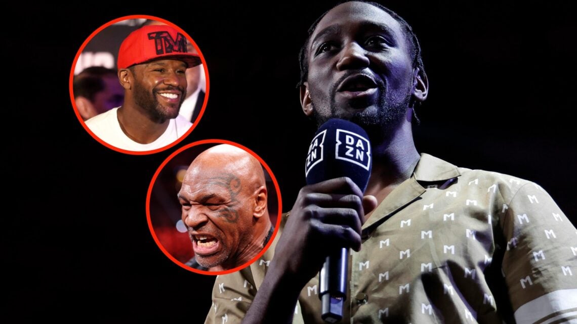 Insert: Floyd Mayweather attends the weigh-ins ahead of his fight with John Gotti III in August, 2024. Insert: Mike Tyson ahead of his fight with J...