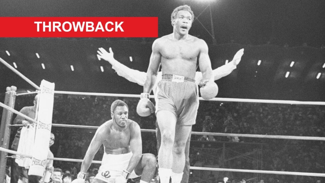 George Foreman walks away after knocking down Joe Frazier