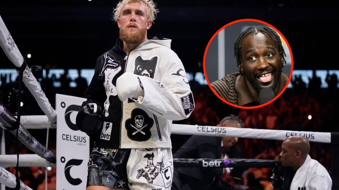 Center: Jake Paul in the ring before his fight with Nate Diaz in August, 2023. Insert: Terence Crawford pulls a face during a pre-fight press confe...
