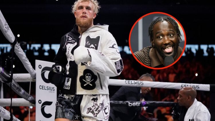 Center: Jake Paul in the ring before his fight with Nate Diaz in August, 2023. Insert: Terence Crawford pulls a face during a pre-fight press confe...