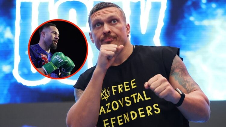 Insert: Joseph Parker during the open workouts ahead of his scheduled fight with Daniel Dubois in February, 2025. Center: Oleksandr Usyk attends th...