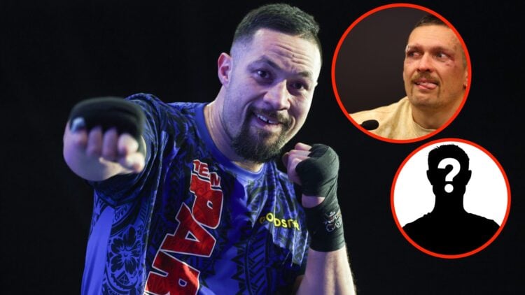 Center: Joseph Parker attends the open workouts ahead of his fight with Martin Bakole in Riyadh, Saudi Arabia. Insert: Oleksandr Usyk attend a post...