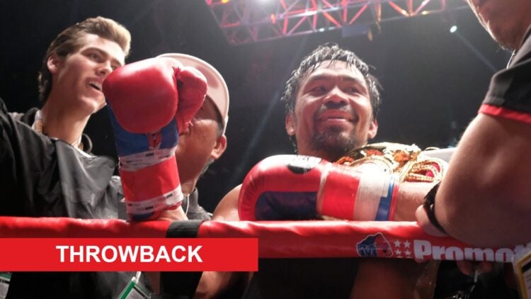 Manny Pacquiao celebrates in the ring after his knockout win over Lucas Matthysee in their WBA welterweight title fight in July, 2018.