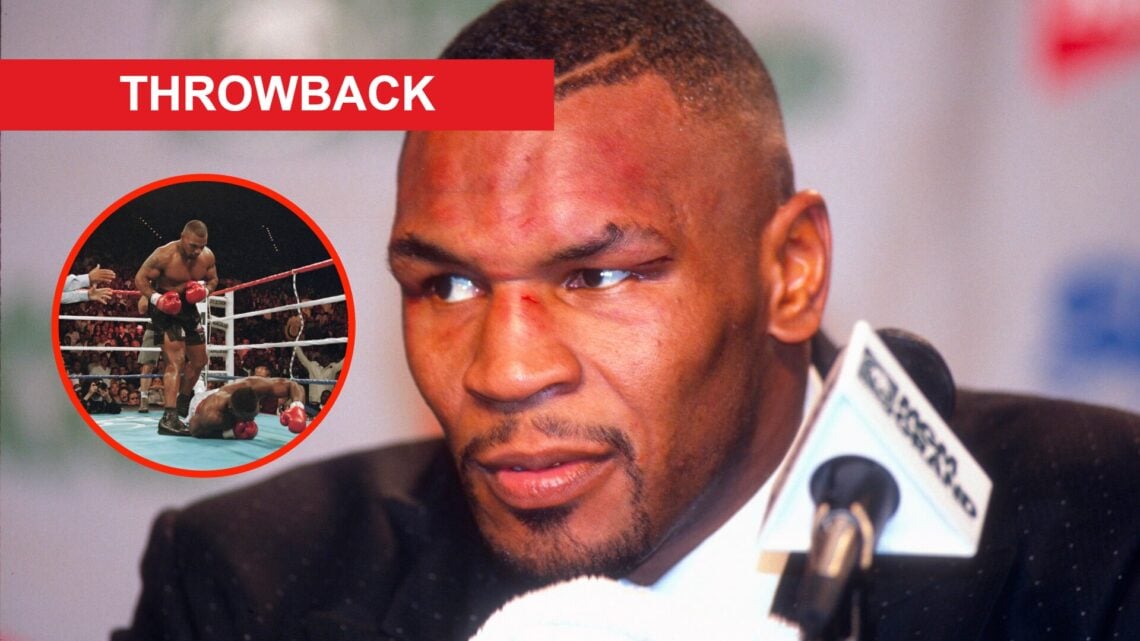Mike Tyson at press conference with an overlay of Mike Tyson stands over Bruce Seldon after knocking him down