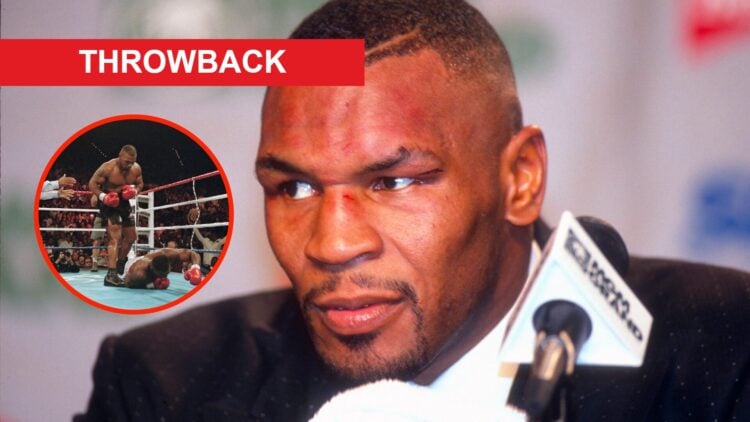 Mike Tyson at press conference with an overlay of Mike Tyson stands over Bruce Seldon after knocking him down